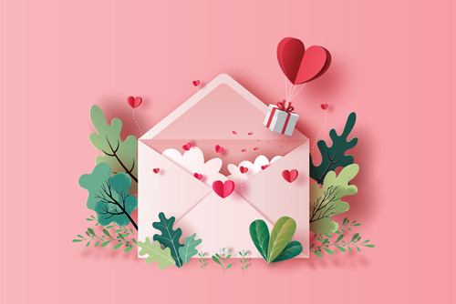 وکتور EPS لایه باز طرح گرافیکی و کاغذی مناسب روز ولنتاین شامل پاکت نامه و بالون قلبی و هدیه